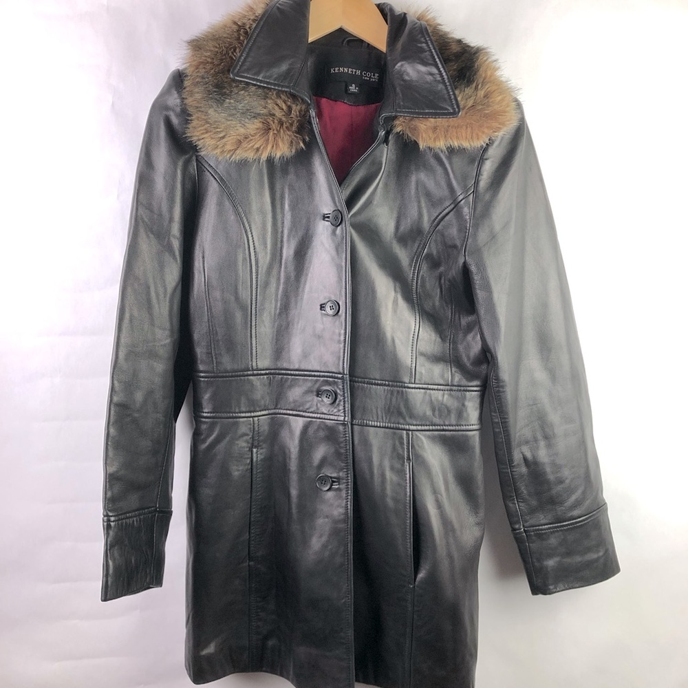 Kenneth Cole Black Leather Jacket with Faux Fur Collar
